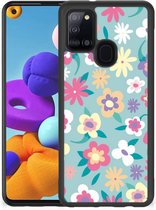 GSM Hoesje met Tekst Geschikt voor Samsung Galaxy A21s Leuk TPU Back Case met Zwarte rand Flower Power