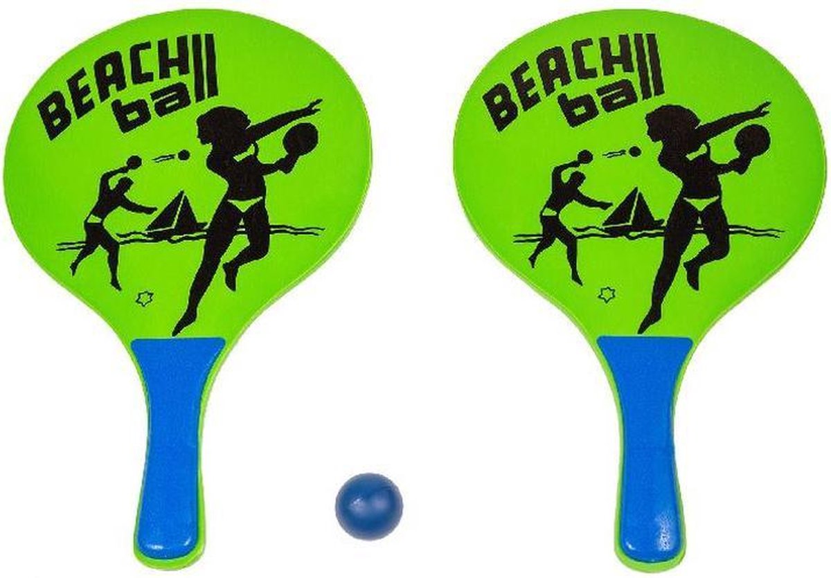 Houten beachball set groen met beachball print- Strand balletjes - Rackets/batjes en bal - Tennis ballenspel - Summertime