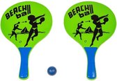 Houten beachball set groen met beachball print- Strand balletjes - Rackets/batjes en bal - Tennis ballenspel