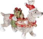Clayre & Eef Kerstdecoratie Beeld Hond 9*3*8 cm Wit, Rood Kunststof Decoratief Figuur Decoratieve Accessoires Kerstdecoratie voor Binnen