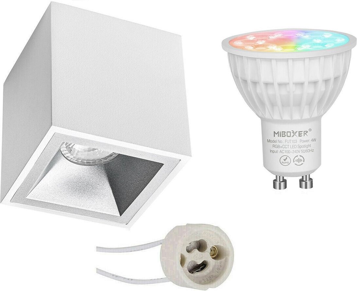 Mi-Light MiBoxer - Opbouwspot Set GU10 - Smart LED - Wifi LED - Slimme LED - 4W - RGB+CCT - Aanpasbare Kleur - Dimbaar - Proma Cliron Pro - Opbouw Vierkant - Mat Wit - Verdiept - 90mm