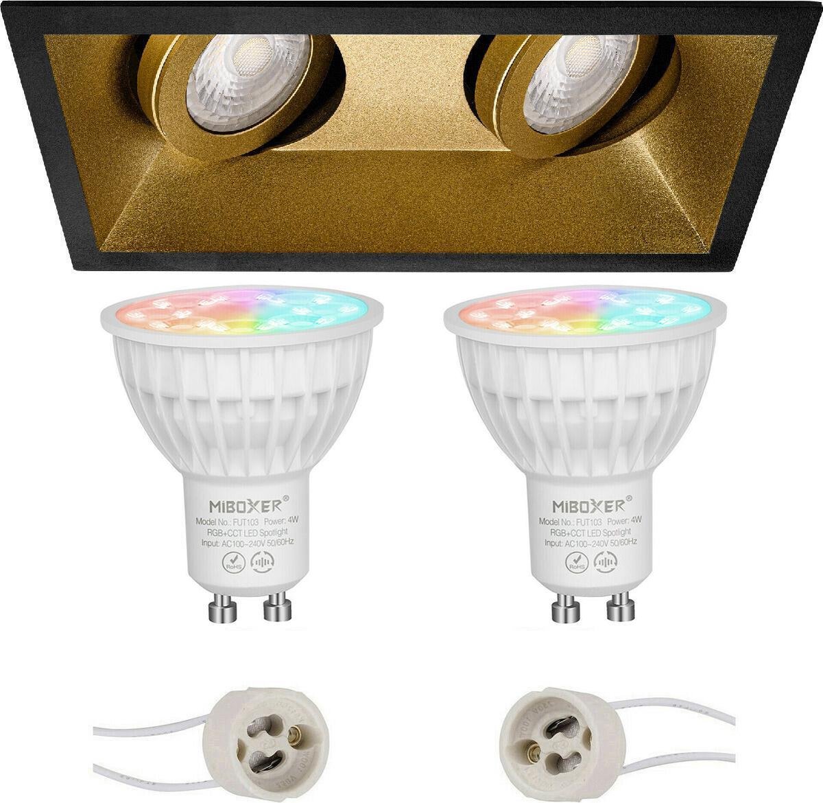 Mi-Light MiBoxer - LED Spot Set GU10 - Smart LED - Wifi LED - Slimme LED - 4W - RGB+CCT - Aanpasbare Kleur - Dimbaar - Proma Zano Pro - Inbouw Rechthoek Dubbel - Mat Zwart/Goud - Kantelbaar - 185x93mm