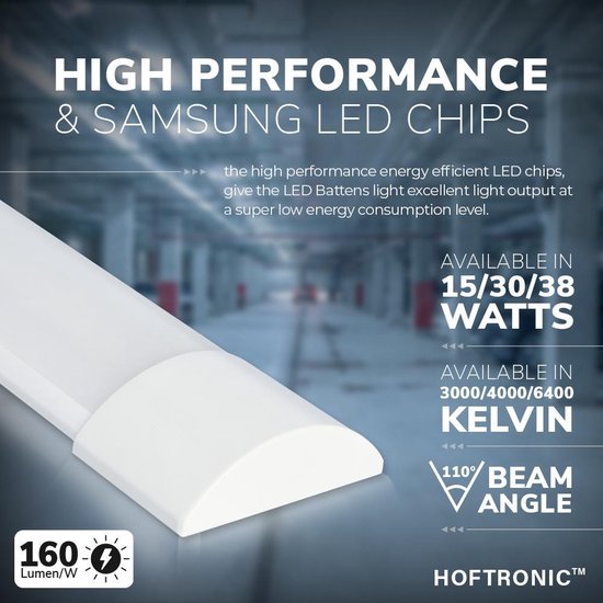 HOFTRONIC - LED Batten 120cm - 30W 4800 Lumen - 6400K Daglicht wit - Samsung LED Chips - LED TL Armatuur - Geïntegreerde LED Buis - Voor werkplaats, schuur en als onderbouwverlichting - Incl. montageklemmen & quick connector - 5 jaar garantie - HOFTRONIC
