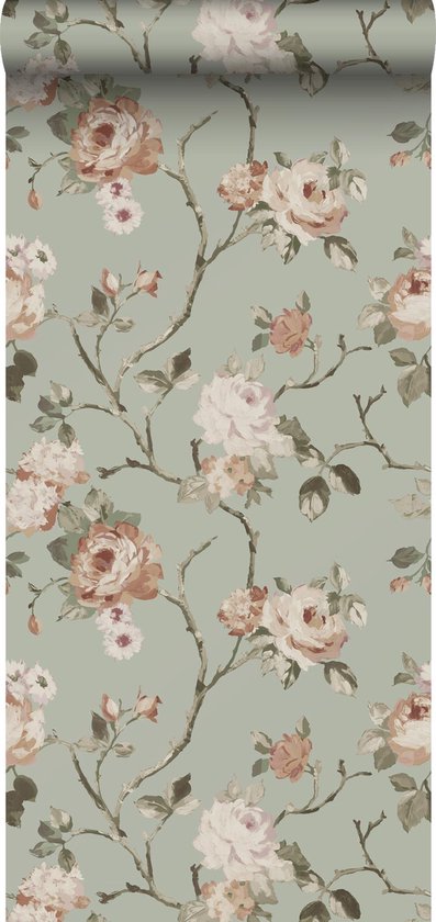ESTAhome behang vintage bloemen vergrijsd mintgroen en zacht roze - 0.53 x... | bol.com
