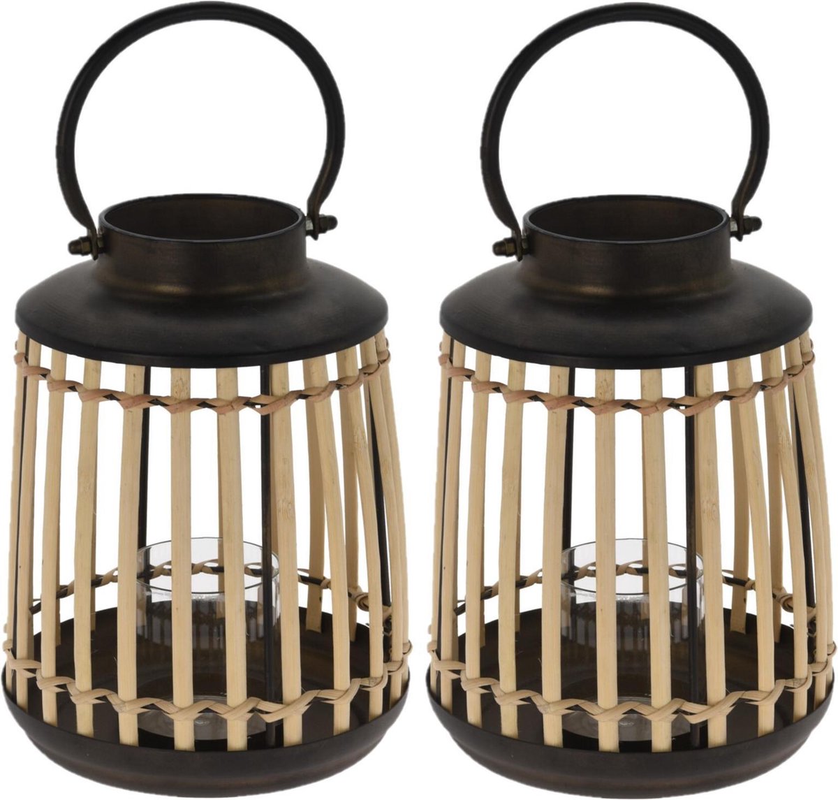Set van 2x stuks lantaarns/windlichten bamboe/metaal 18 x 24 cm zwart -  Sfeervol... | bol.com