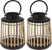 Set van 2x stuks lantaarns/windlichten bamboe/metaal 18 x 24 cm zwart - Sfeervol lantaarn voor binnen/buiten