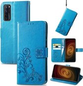 Voor ZTE AXON 20 5G Vierbladige Sluiting Reliëf Gesp Mobiele Telefoon Bescherming Lederen Case met Lanyard & Kaartsleuf & Portemonnee & Beugel Functie (Blauw)