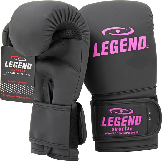 Zwarte bokshandschoenen met roze 'LEGEND SPORTS' logo, 12 OZ indicatie op de polsband.