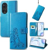 Voor Honor 50 Vierbladige Sluiting Reliëf Gesp Mobiele Telefoon Bescherming Lederen Case met Lanyard & Kaartsleuf & Portemonnee & Beugel Functie (Blauw)