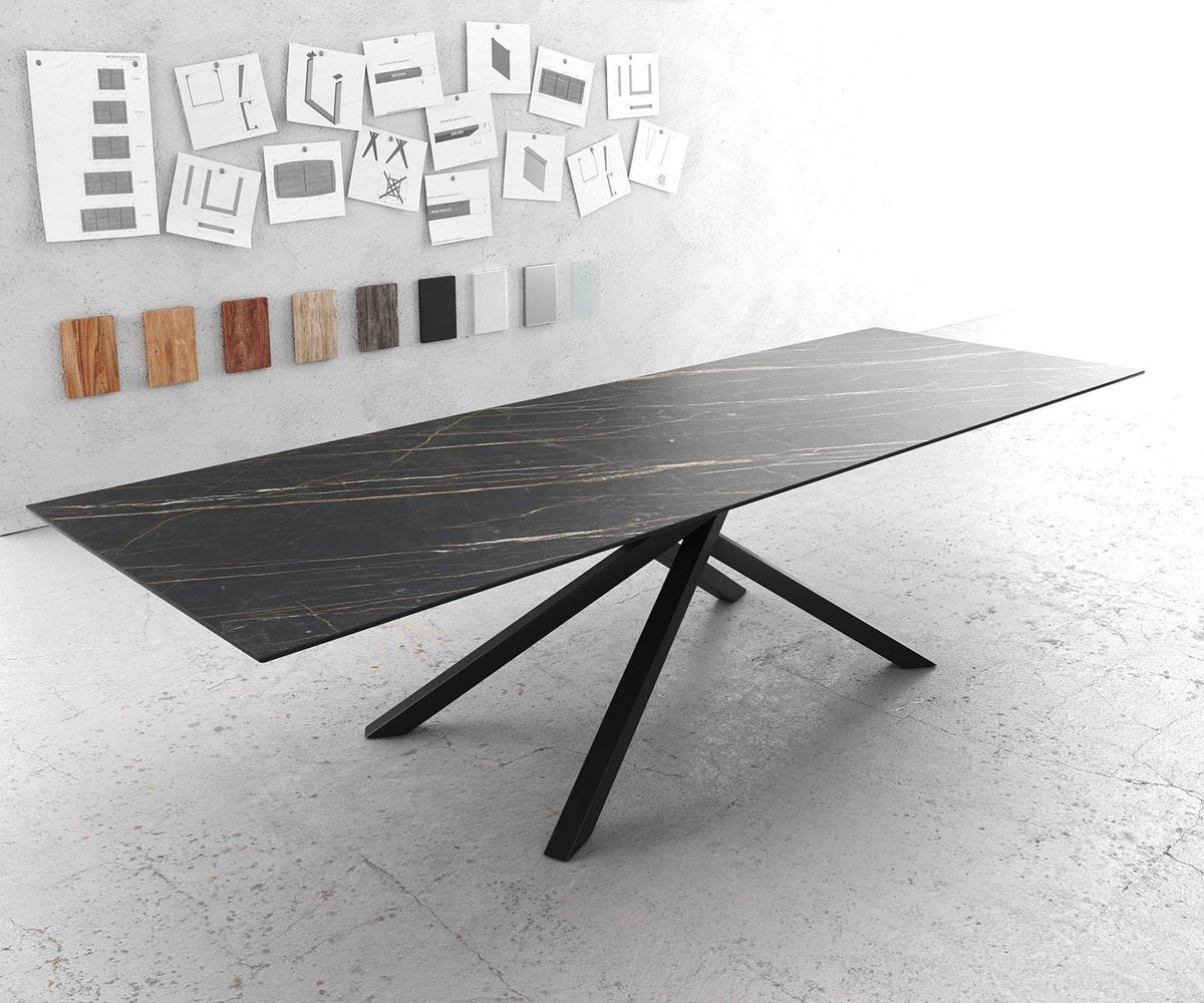 DELIFE Eettafel Edge Laminam® keramiek bruin 300x100cm middenvoet kruis zwart