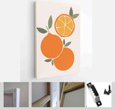 Collection of contemporary art posters in pastel colors. Abstract geometric elements and strokes, leaves and fruits, macaroons, oranges - Modern Art Canvas - Vertical - 1826979497