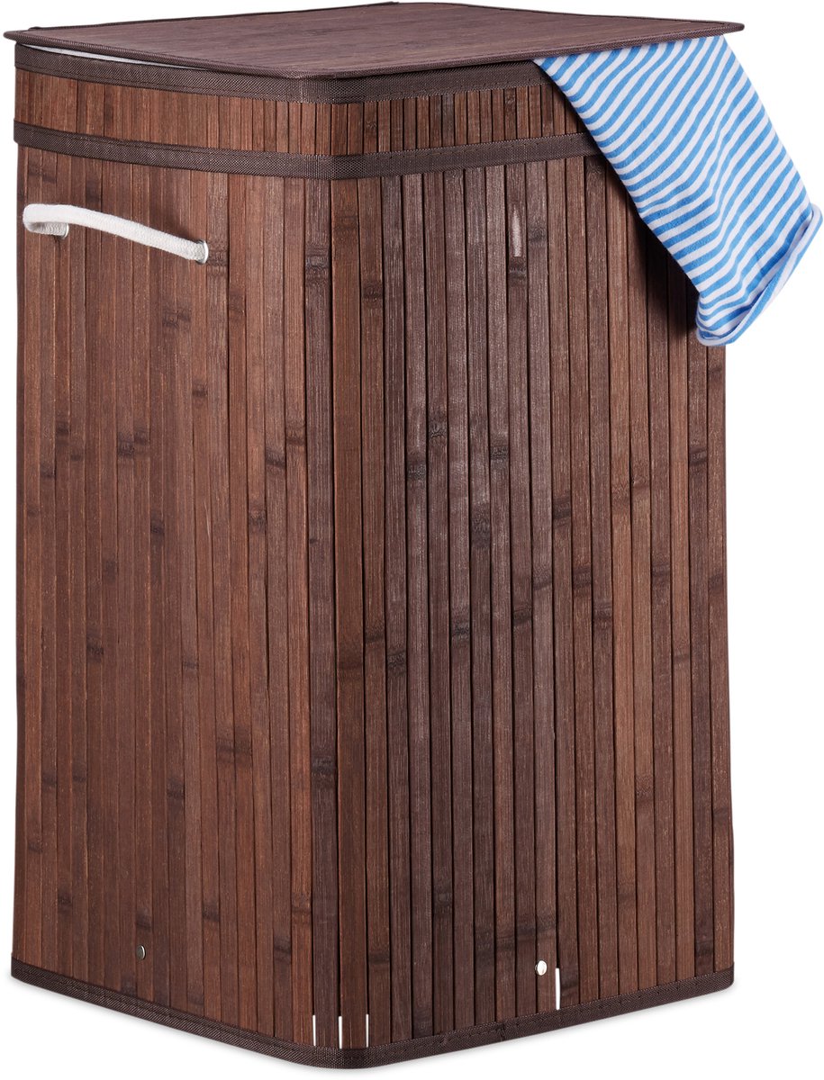 Bamboe wasmand met deksel - 70 liter - bruin - opvouwbaar