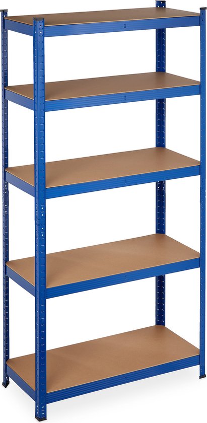 Blauw stellingrek met 5 etages en bruine legborden, staand op een witte ondergrond.