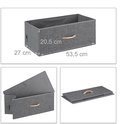 Grijze opbergbox met houten handvat, afmetingen 53,5x27x20,5cm, ook gevouwen en open.