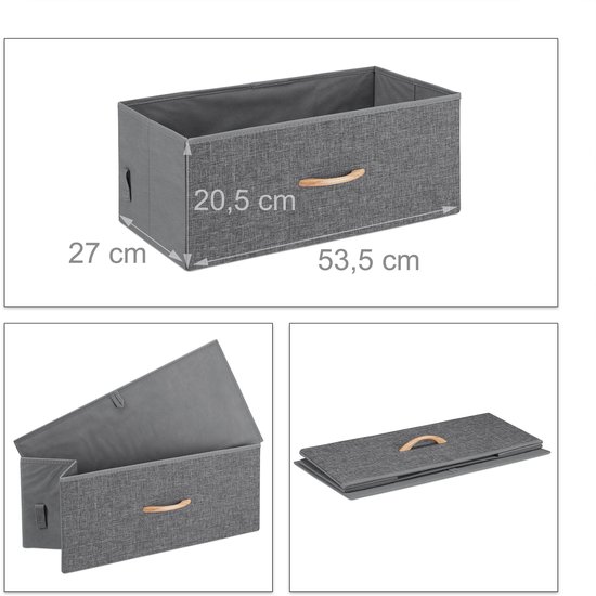 Grijze opbergbox met houten handvat, afmetingen 53,5x27x20,5cm, ook gevouwen en open.