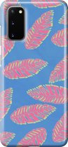 Samsung Galaxy S20 Telefoonhoesje - Premium Hardcase Hoesje - Dun en stevig plastic - Met Plantenprint - Tropische Blaadjes - Donkerblauw