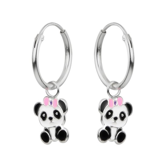 Oorbellen meisje zilver | oorringen met hanger, panda met roze strikje