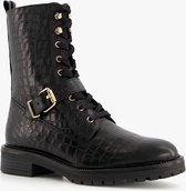 TwoDay leren dames croco veterboots - Zwart - Maat 41 - Echt leer