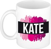 Kate  naam cadeau mok / beker met roze verfstrepen - Cadeau collega/ moederdag/ verjaardag of als persoonlijke mok werknemers