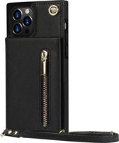 Hoesje geschikt voor iPhone 12 - Backcover - Pasjeshouder - Portemonnee - Koord - Kunstleer - Zwart