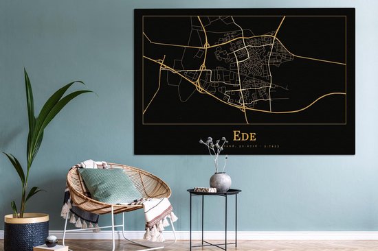 Toile Peinture Carte - Ede - Zwart - Or - 180x120 cm - Décoration murale XXL