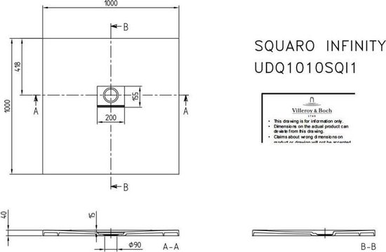 Villeroy & Boch Squaro Infinity Receveur de douche 100x100x4 cm Stone White