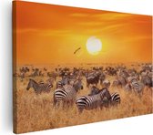 Artaza Canvas Schilderij Kudde Zebra's Bij Een Oranje Zonsondergang - 120x80 - Groot - Foto Op Canvas - Wanddecoratie Woonkamer
