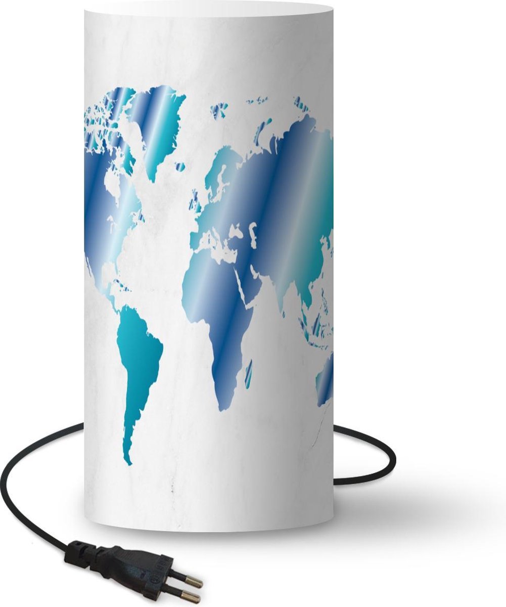 Lamp - Nachtlampje - Tafellamp slaapkamer - Wereldkaart - Blauw - Marmer - 54 cm hoog - Ø24.8 cm - Inclusief LED lamp