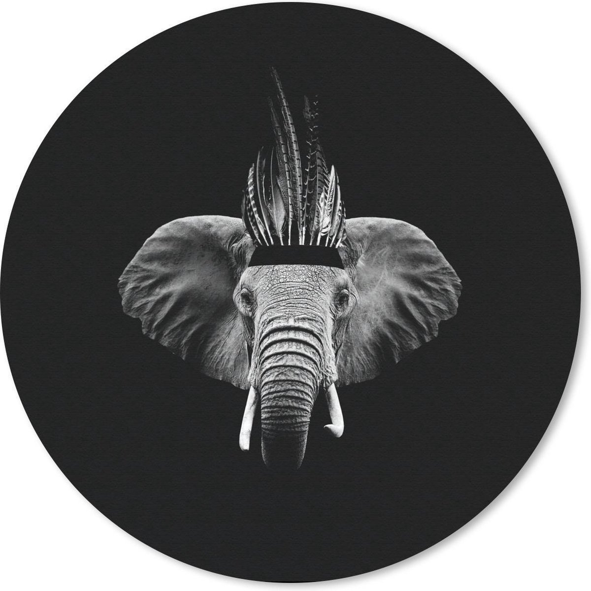 Muismat rond 50x50 cm - Mousepad Olifant - Veren - Hoed - Zwart - Wit - Ronde muismatten