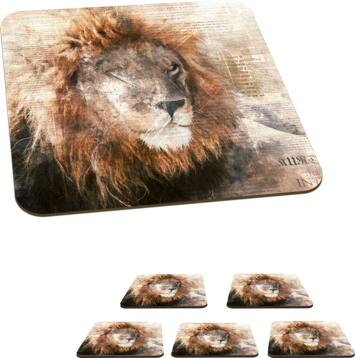 Onderzetters voor glazen - Leeuw - Krant - Kleuren - 10x10 cm - Glasonderzetters - 6 stuks