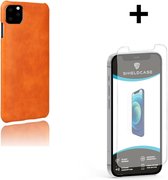 Shieldcase geschikt voor Apple iPhone 12 Pro Max 6.7 inch vintage leren hoesje - oranje + glazen Screen Protector