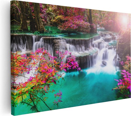 Artaza Canvas Schilderij Waterval In De Herfst Met Kleurrijke Bloemen - 30x20 - Klein - Foto Op Canvas - Canvas Print