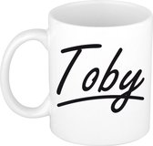 Toby naam cadeau mok / beker met sierlijke letters - Cadeau collega/ vaderdag/ verjaardag of persoonlijke voornaam mok werknemers