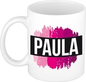 Paula  naam cadeau mok / beker met roze verfstrepen - Cadeau collega/ moederdag/ verjaardag of als persoonlijke mok werknemers