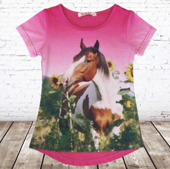 Paarden shirt kind zonnebloem -s&C-110/116-t-shirts meisjes