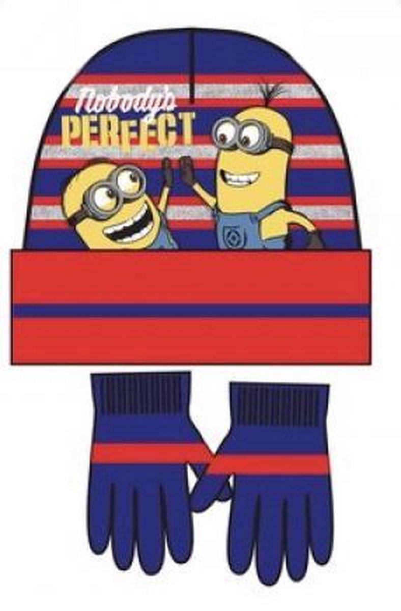 Minions set / winterset - Muts + Handschoenen - rood/blauw - Maat 52 cm (± 3-6 jaar)