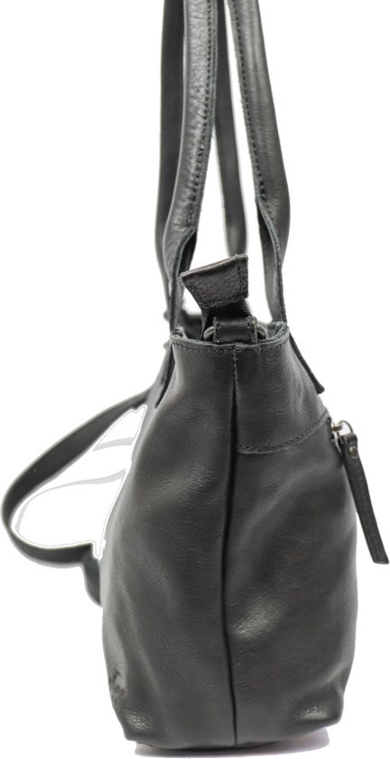 Vue latérale d'un sac à main noir en cuir avec poche zippée.