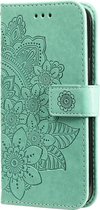 iPhone 12 Mini Book Case Hoesje met Patroon - Pasjeshouder - Portemonnee - Bloemenprint - Apple iPhone 12 Mini - Turquoise