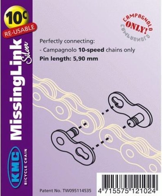 Zilveren KMC MissingLink 10-speed schakel met demonstratie van hoe het werkt.