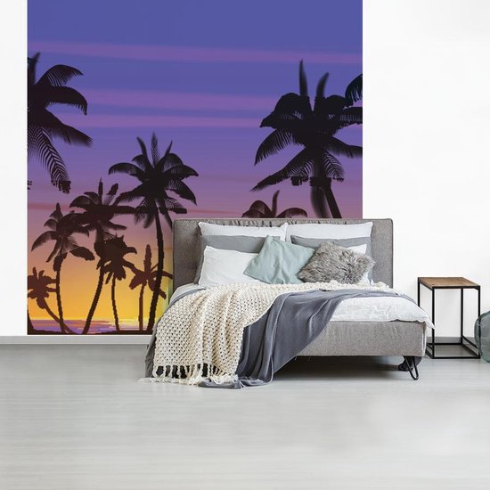 Behang - Fotobehang Zon - Palmboom - Zee - Breedte 220 cm x hoogte 220 cm