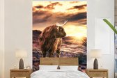 Behang - Fotobehang Schotse hooglander - Zonsondergang - Dier - Breedte 180 cm x hoogte 280 cm