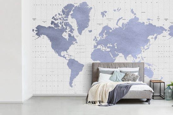 Carte du monde bleu avec motif texturé sur fond avec latitude et longitude 360x240 cm