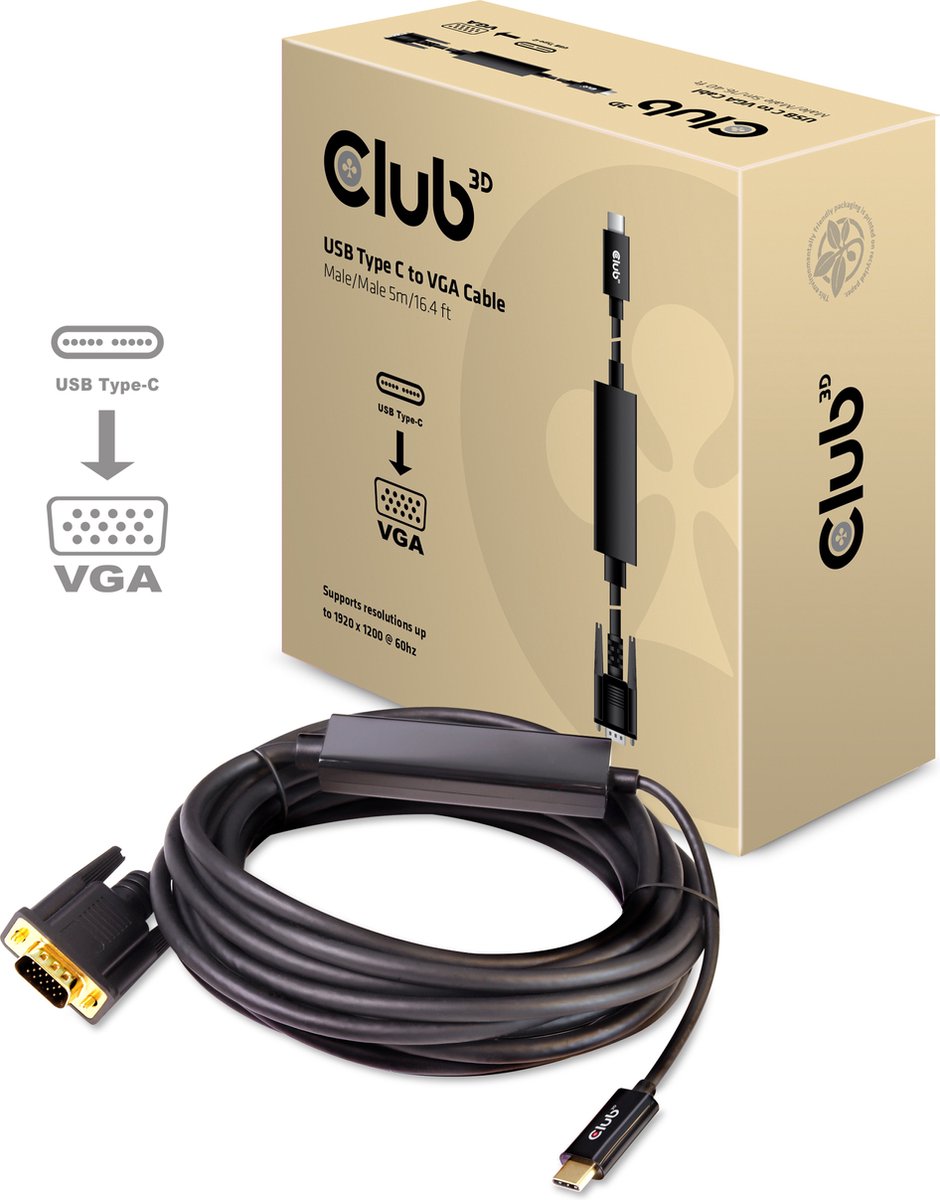 Club 3D Actieve USB-C® naar VGA-kabel M/M 5m/16,40ft