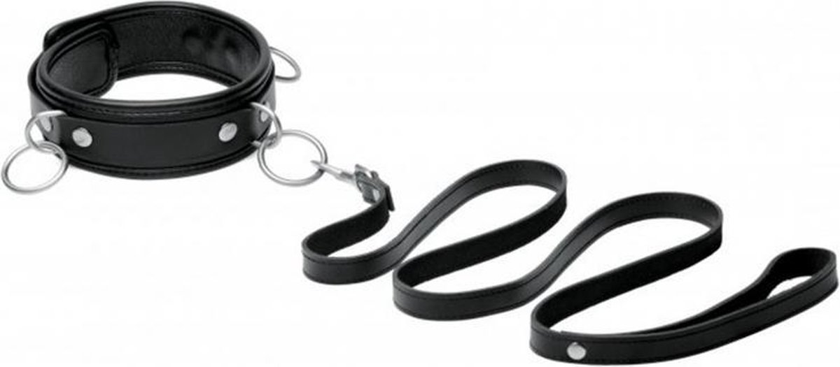 Goedkoopste 3 Ring Leather Collar with Leash - Black - BDSM halsband