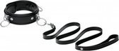 3 Ring Leather Collar with Leash - Black - BDSM halsband