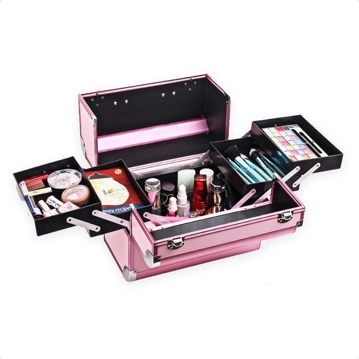 Confibel Cosmetica Koffer - Make Up Koffer Uitklapbaar - 5 Opbergbakken Make-up koffer - Beautycase/Visagiekoffer /Cosmeticakoffer /Beautycase/ Nagelstylistekoffer - Roze
