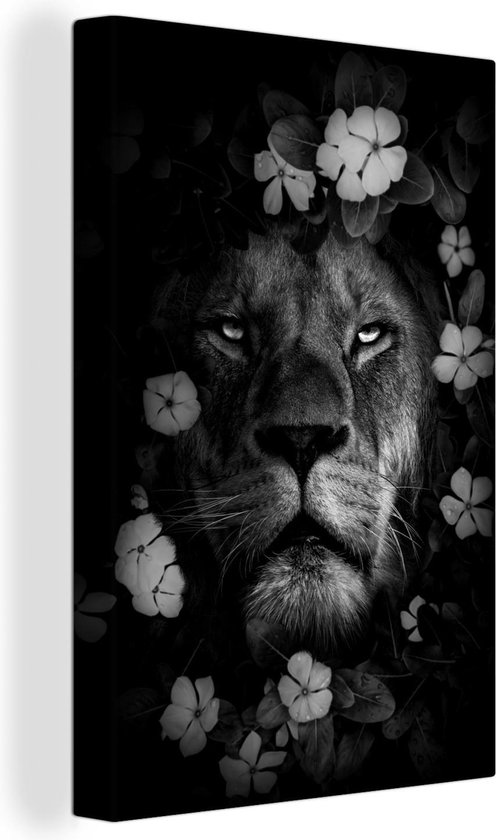 Canvas Schilderij Leeuw met bloemen in de jungle - zwart wit - 40x60 cm - Wanddecoratie