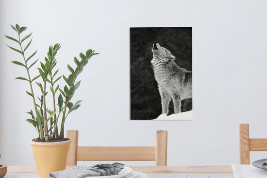 Tableau sur toile Loup hurlant gris - noir et blanc - 20x30 cm - Décoration murale