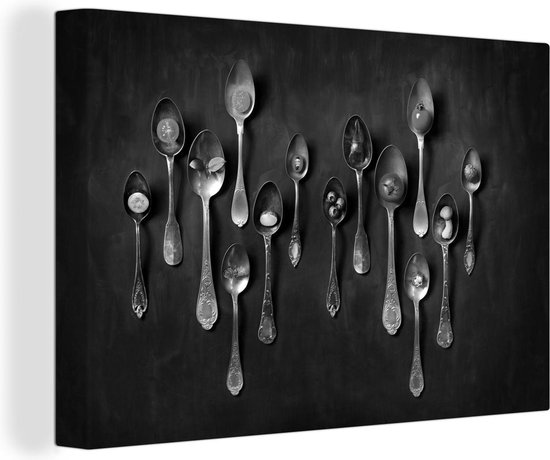 Canvas Schilderij Stilleven lepels met gezond eten - zwart wit - 90x60 cm - Wanddecoratie