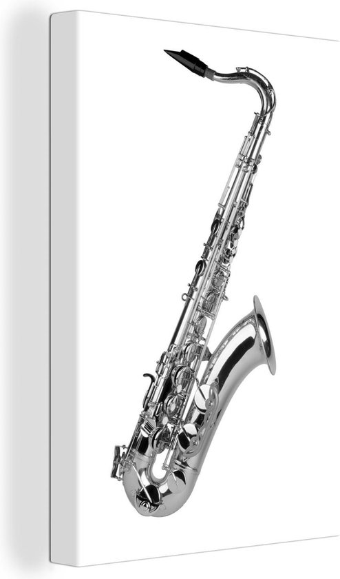 Canvas Schilderij Glimmende saxofoon voor een witte achtergrond - zwart wit - 60x90 cm - Wanddecoratie